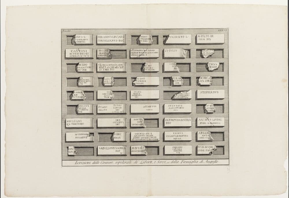Iscrizioni delle Camere sepolcrali de' Liberti e Servi, ec. della Famiglia di Augusto, XXXVI — Giovanni Battista Piranesi