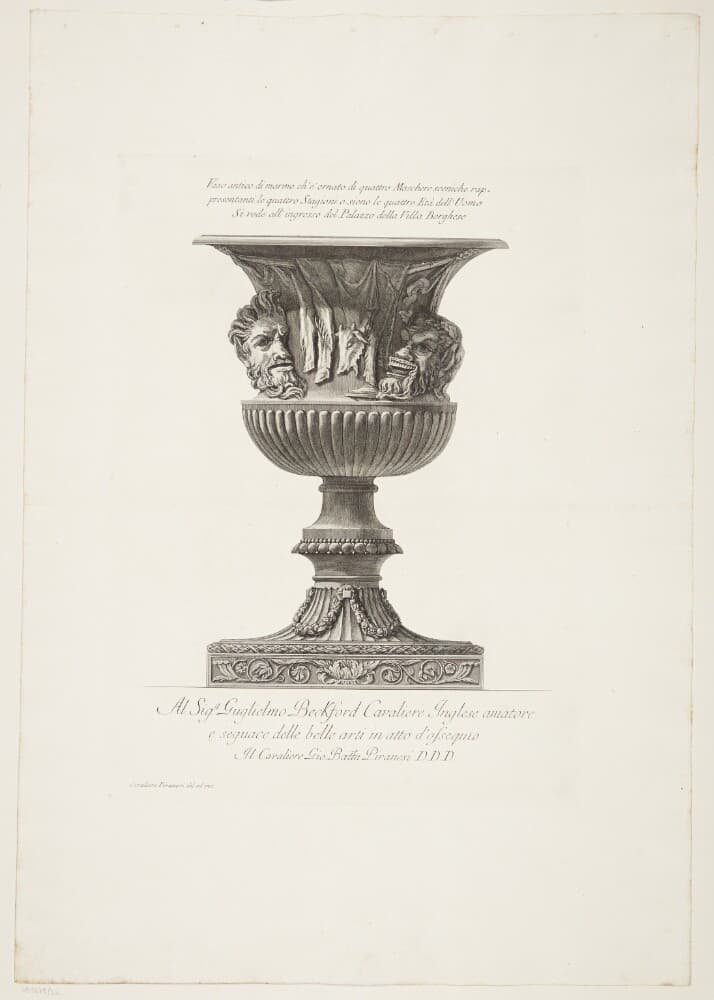 Marmorvase, dekoreret med fire masker, som repræsenterer de fire årstider og de fire livsaldre — Giovanni Battista Piranesi