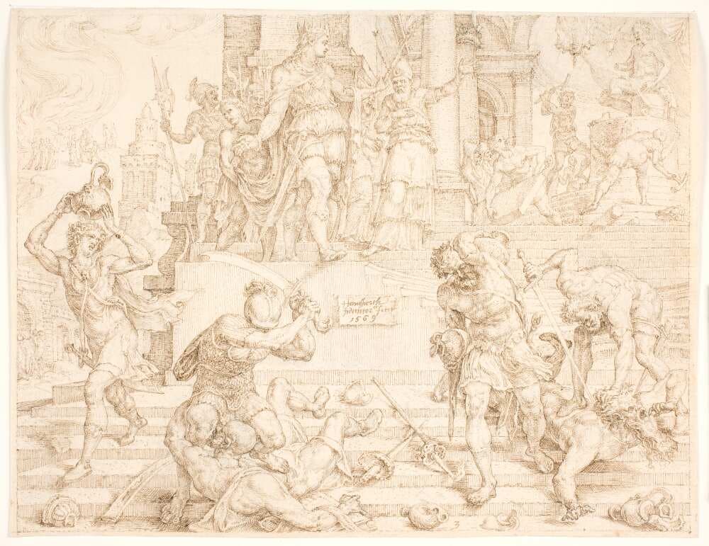Josias befaler, at alle ting, der var lavet til Ba'al, skal ødelægges og præsterne dræbes — Maarten van Heemskerck