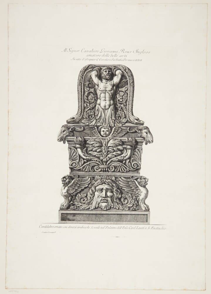 Sokkel til en kandelaber, med en havmand flankeret af slanger og gedehoveder — Giovanni Battista Piranesi