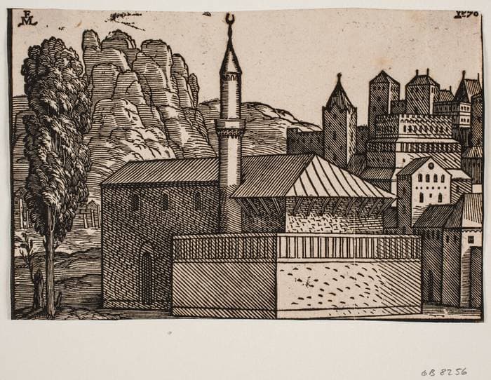 Uidentificeret moské med 1 minaret, t.v. højt træ — Melchior Lorck