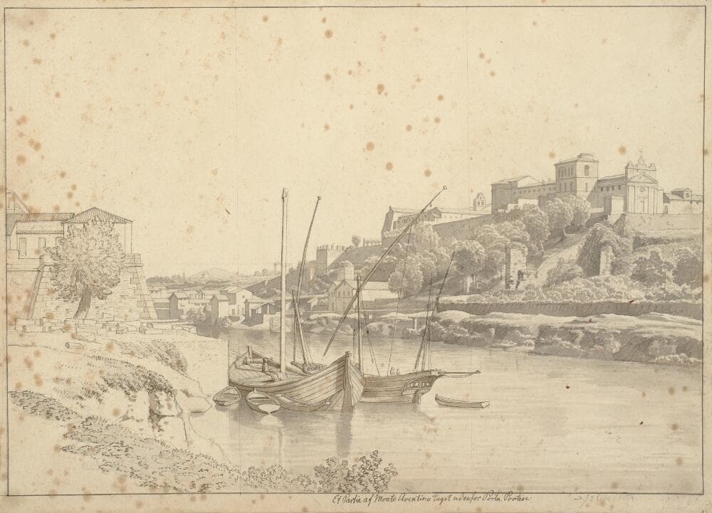 Udsigt over Tiberen ved Porto di Ripa Grande uden for Porta Portese mod Marmorata og kirkerne på Monte Aventino, Rom — Christoffer Wilhelm Eckersberg