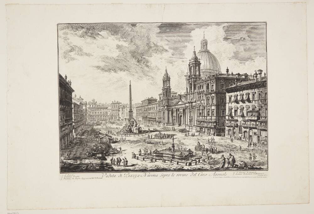 Udsigt over Piazza Navona, Rom, med Sant' Agnese-kirken t.h. og Bernini's fontæne i midten — Giovanni Battista Piranesi