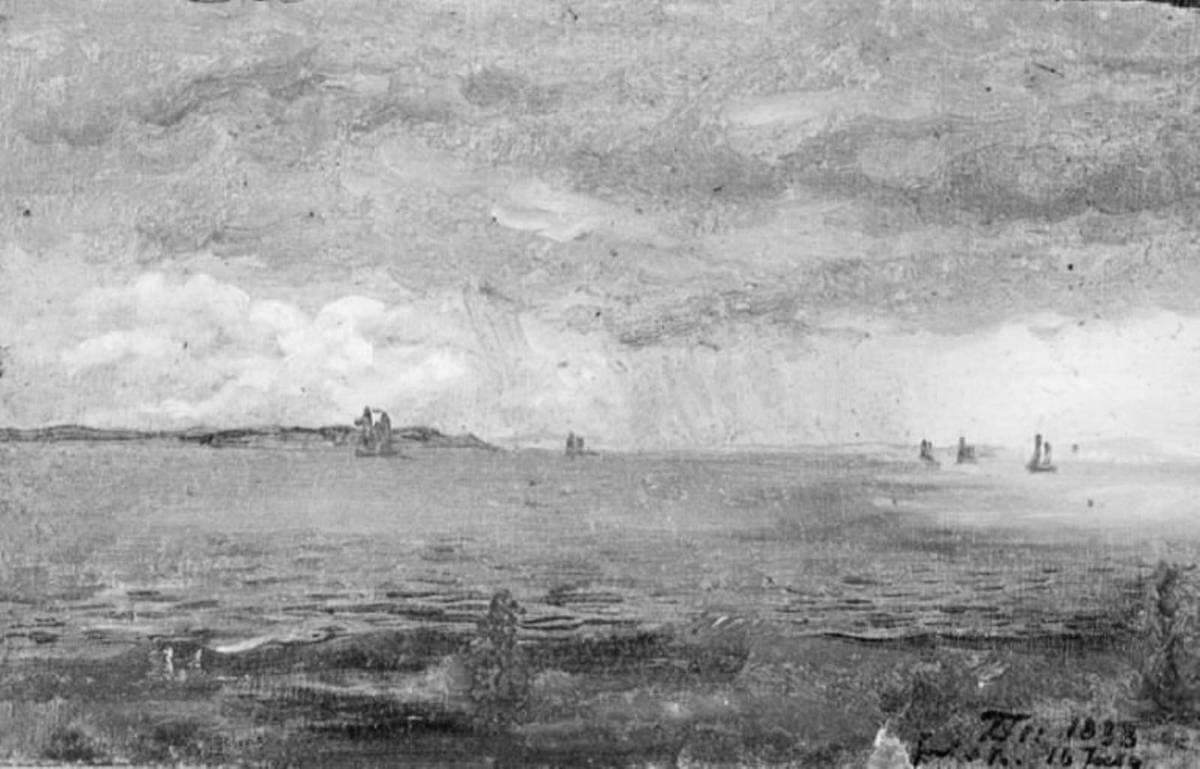 Fra Øresund, regnsky og skibe i baggrunden — Lorenz Frølich