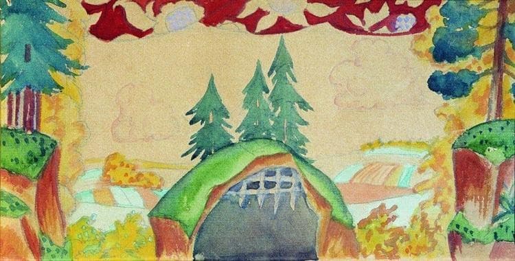 Sketch of decorations for puppet show "The Rooster - Gold Scallop" — Boris Kustodiev