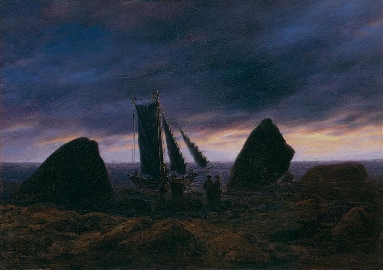Fishing boat between two rocks on the beach of the Baltic Sea — Caspar David Friedrich