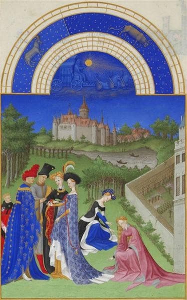 Calendar: April (Courtly Figures in the Castle Grounds) — Limbourg Brothers